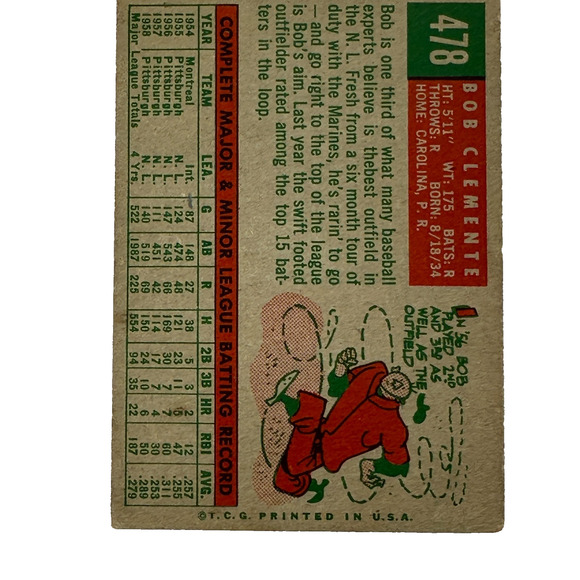 1959 Topps Bob Clemente #478 Pittsburgh Pirates Vintage Baseball Card - Picture 2 of 5